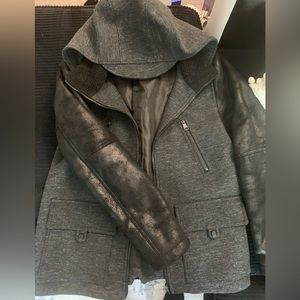 Soia & Kyo Tweed hooded Peacoat with Leatherette Sleeves
